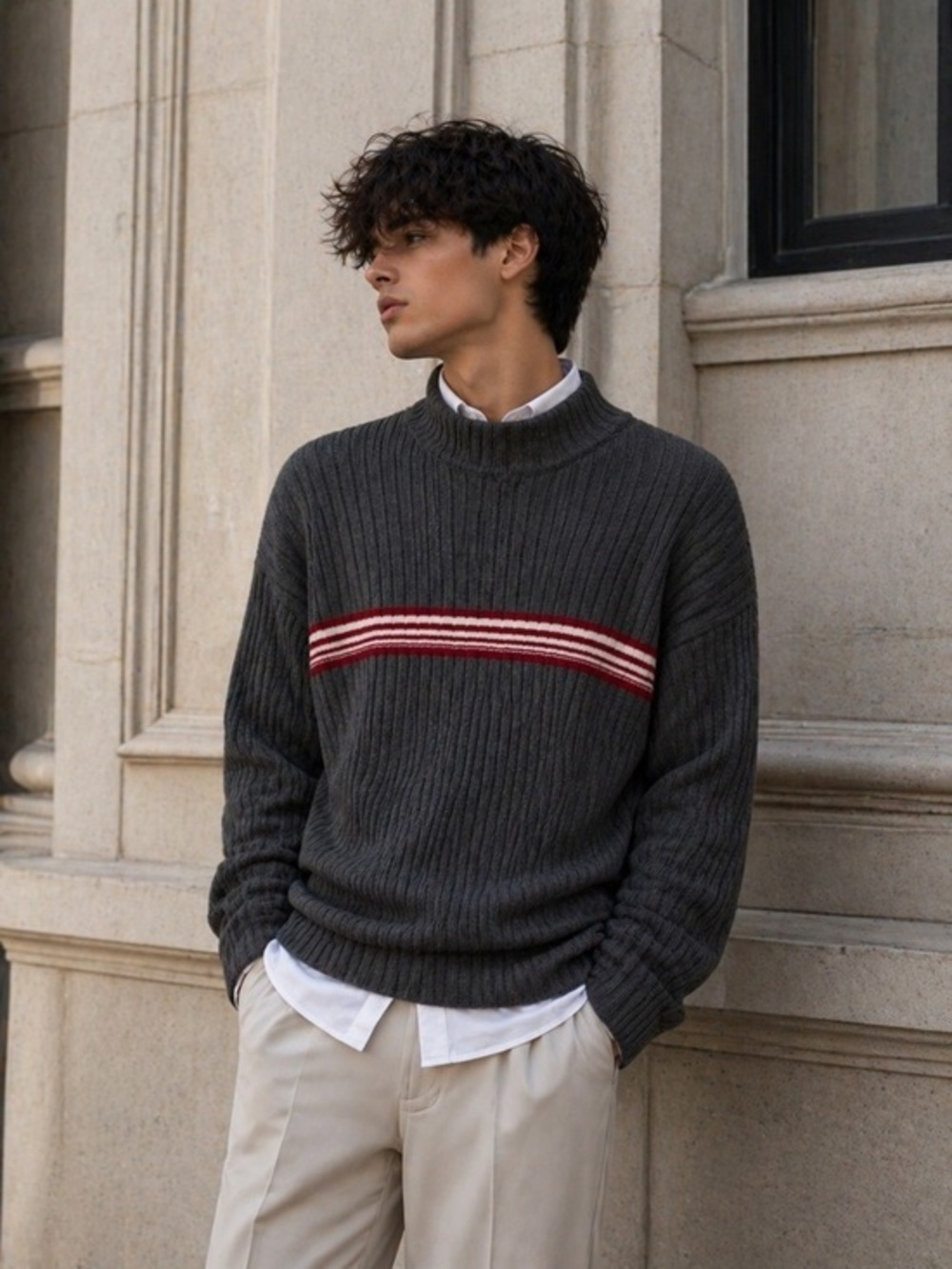 Bullhead Ribbed Mock Neck Sweater XL – Gray Knit with Red/White Stripe
